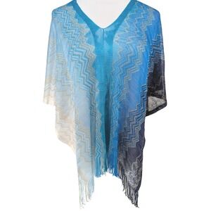 Missoni Glitter Wave Poncho OS Blue Ombre Zig Zag Metallic Knit Fringe Italy